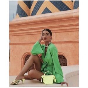 L'Academie REVOLVE The Janeiro Mini Dress Bright Green Linen Wrap Mini Dress NWT